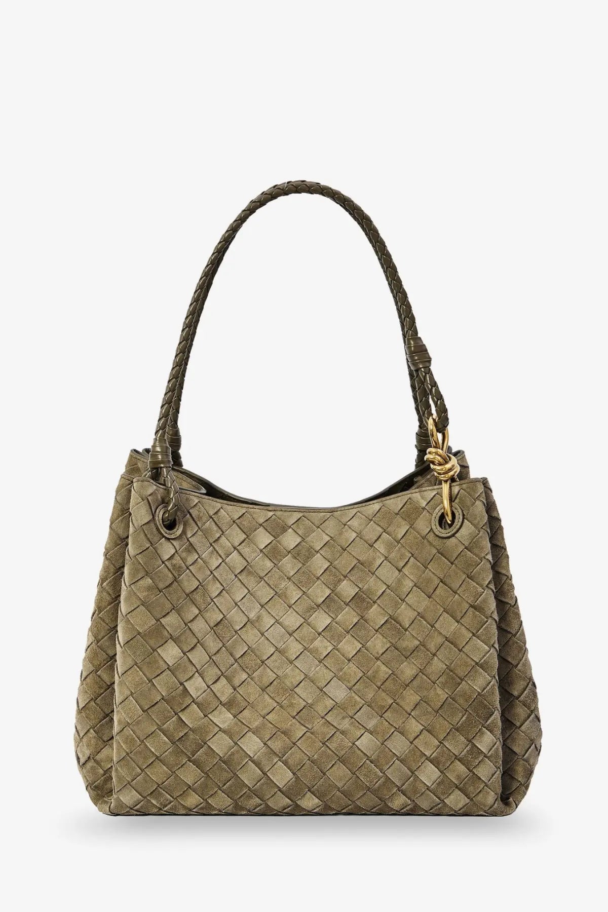 Olive green woven leather bottega veneta handbag with braided handles and gold-tone hardware for women