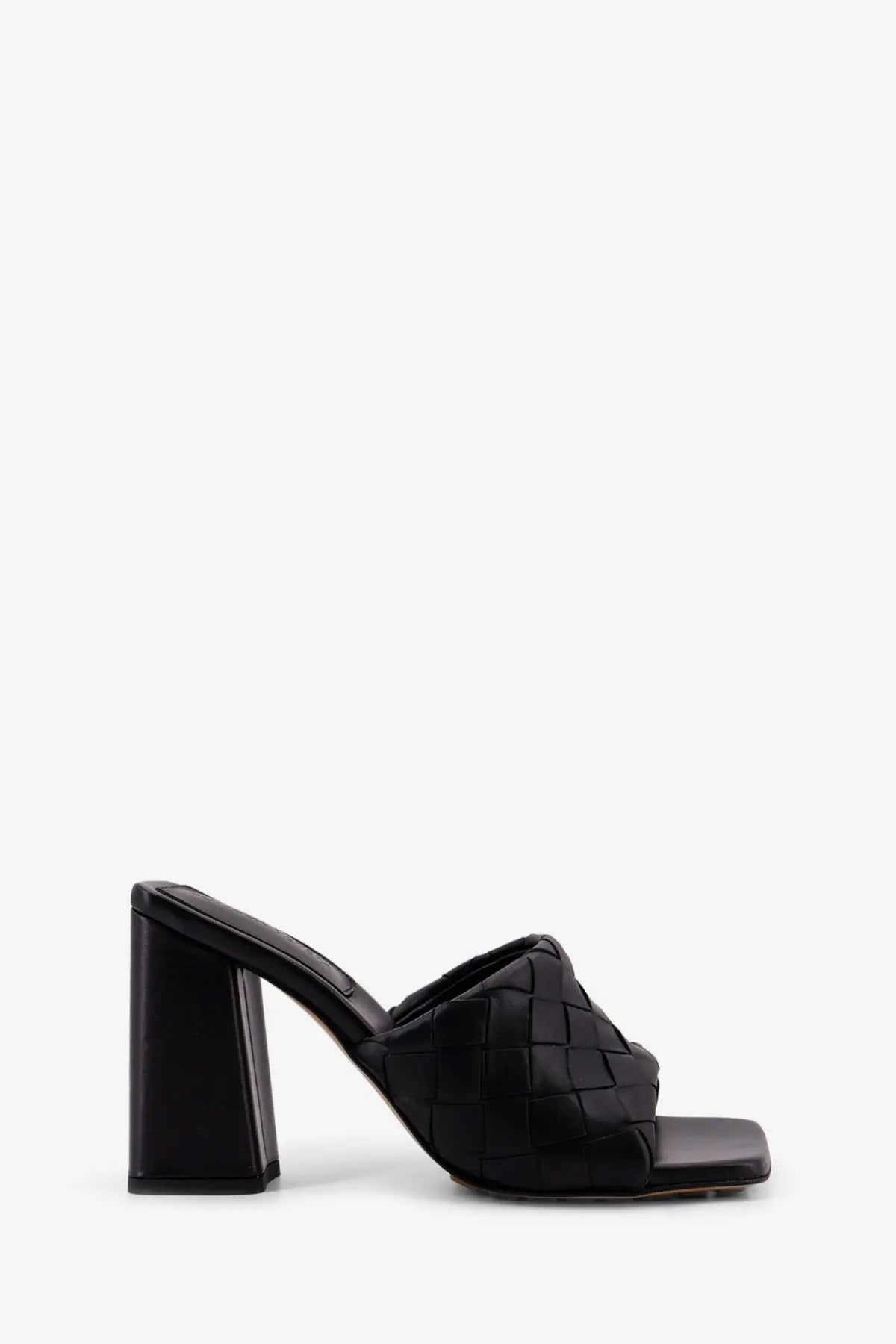 Bottega veneta women’s parco black mule sandals with woven leather upper and block heel
