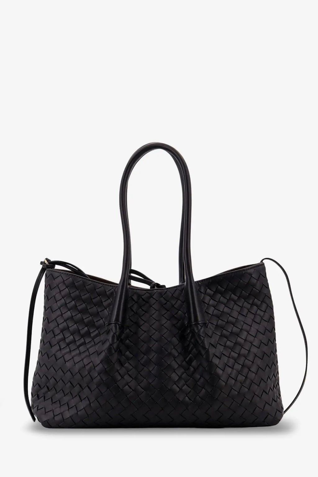 Bottega Veneta women’s Pinacoteca black woven leather tote bag with structured handles and detachable shoulder strap