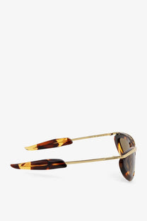 Bottega Veneta women’s prisma acetate sunglasses in brown with gold-rimmed frames and tortoiseshell patterned arms