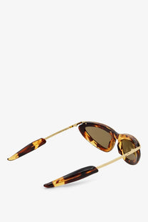 Bottega Veneta women’s prisma tortoiseshell acetate cat-eye sunglasses with gold-tone metal frames and dark brown lenses