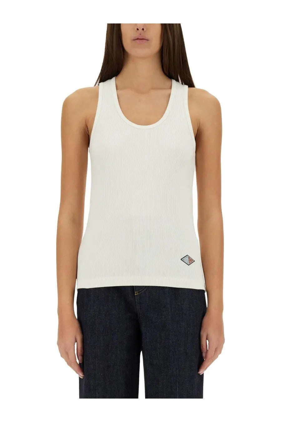 White ribbed knit tank top with small diamond logo patch on lower right side made of cotton jersey by bottega veneta
