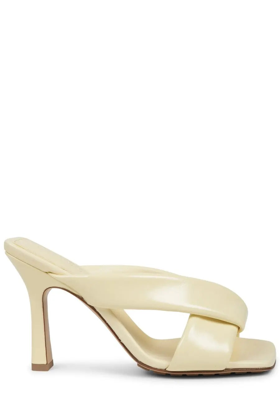 Bottega Veneta women’s Sandalo Riva beige cream-colored patent leather mule sandal with minimalist design and slender heel