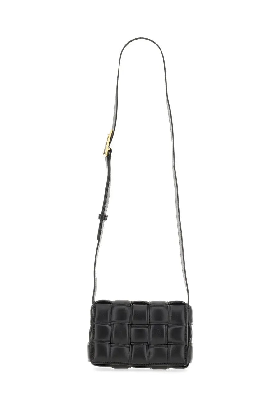 Bottega Veneta women’s small padded cassette bag in black leather with woven quilted design and gold-tone hardware
