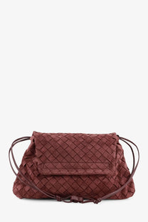 Bottega Veneta women’s suede Giorno crossbody bag in deep mahogany with diamond-patterned suede and adjustable strap