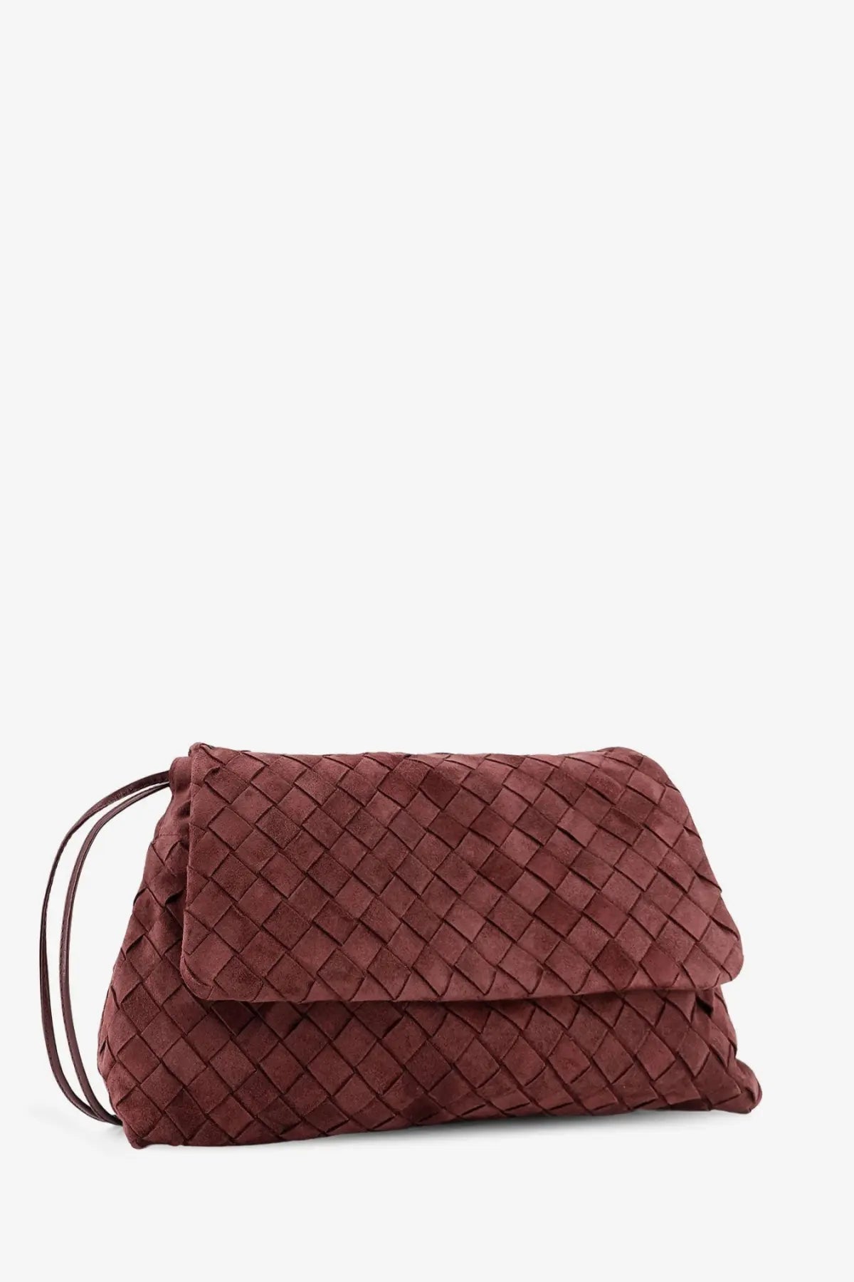 Bottega Veneta women’s deep mahogany suede Giorno crossbody bag with burgundy woven leather clutch and diamond texture