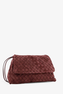 Bottega Veneta women’s deep mahogany suede Giorno crossbody bag with burgundy woven leather clutch and diamond texture