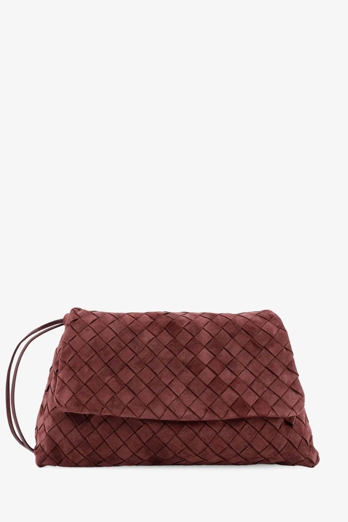 A rich burgundy bottega veneta women’s suede giorno crossbody bag with intrecciato woven leather and slender handle