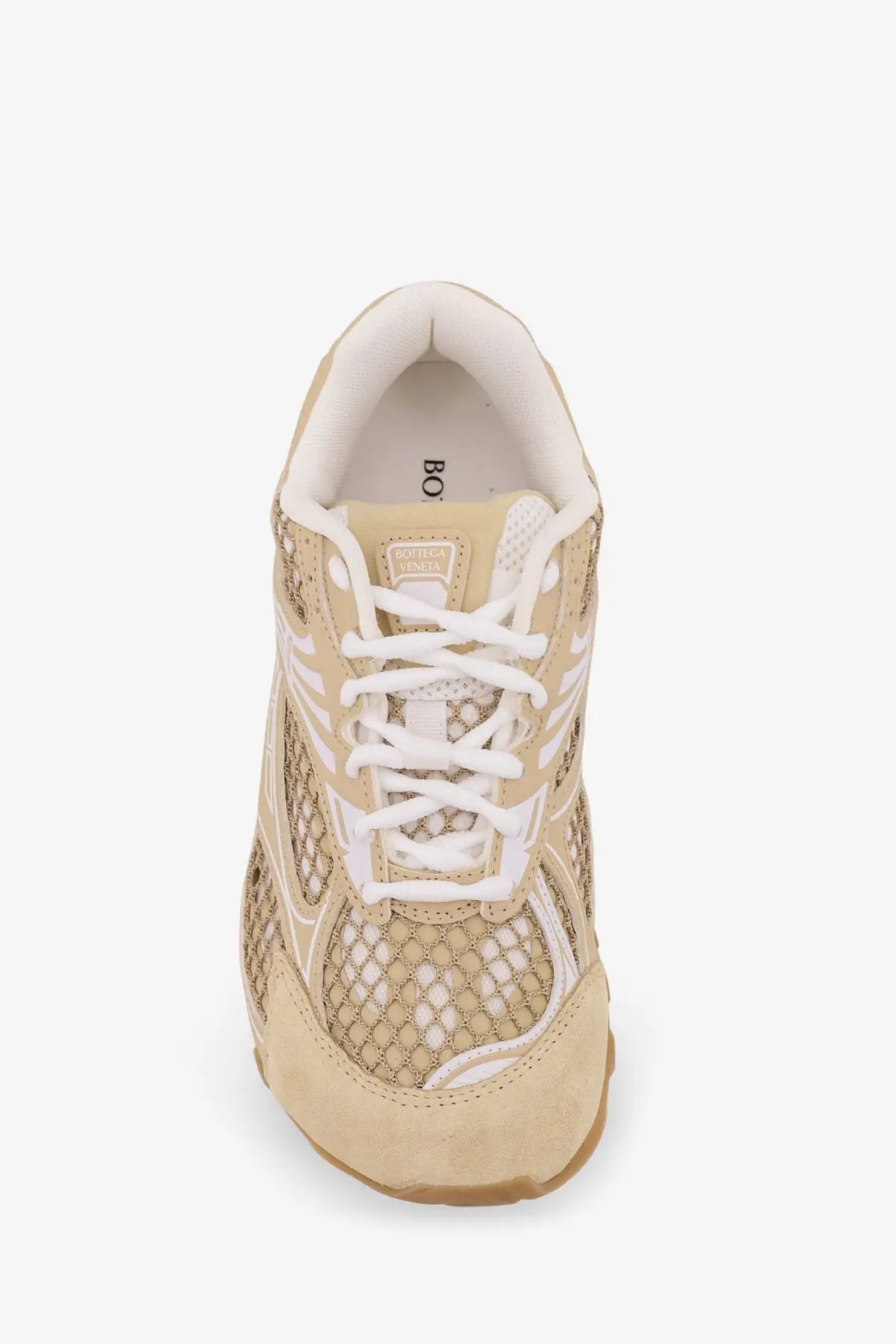 Bottega Veneta women’s beige sneaker in mesh and suede with white laces and rubber sole