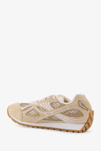 Bottega Veneta women’s beige suede and mesh sneakers with white laces and tan rubber sole for athletic wear