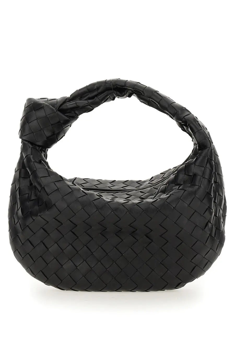 Bottega Veneta women’s teen Jodie bag black woven leather with distinctive knotted top handle visible in front view
