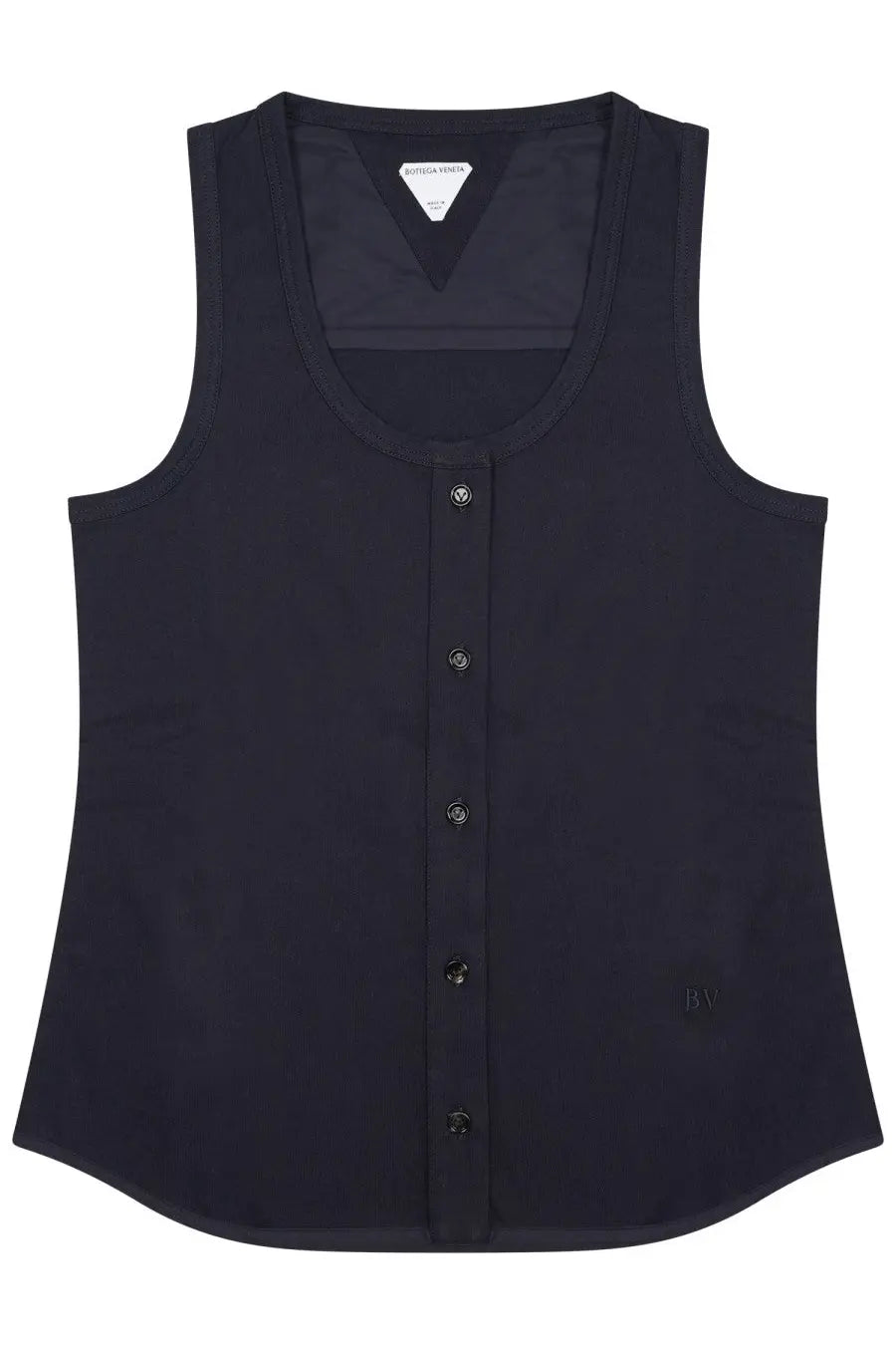 Navy blue sleeveless button-up vest with subtle bv logo embroidery on the lower right side by bottega veneta