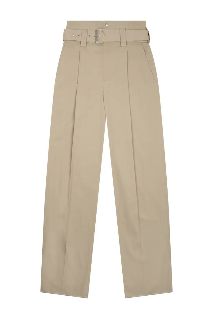 Beige pleated wide leg trousers by Bottega Veneta with matching belt and silver toned buckle