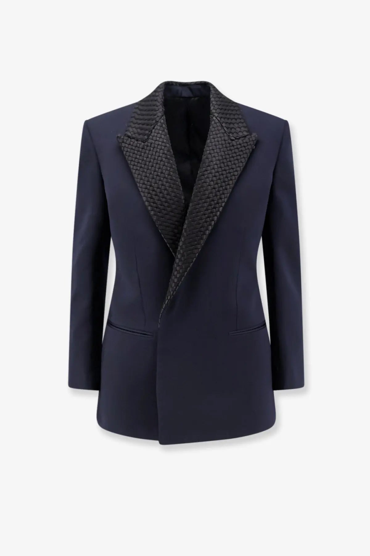 Navy blue tailored wool blazer with textured black woven lapel by bottega veneta for women