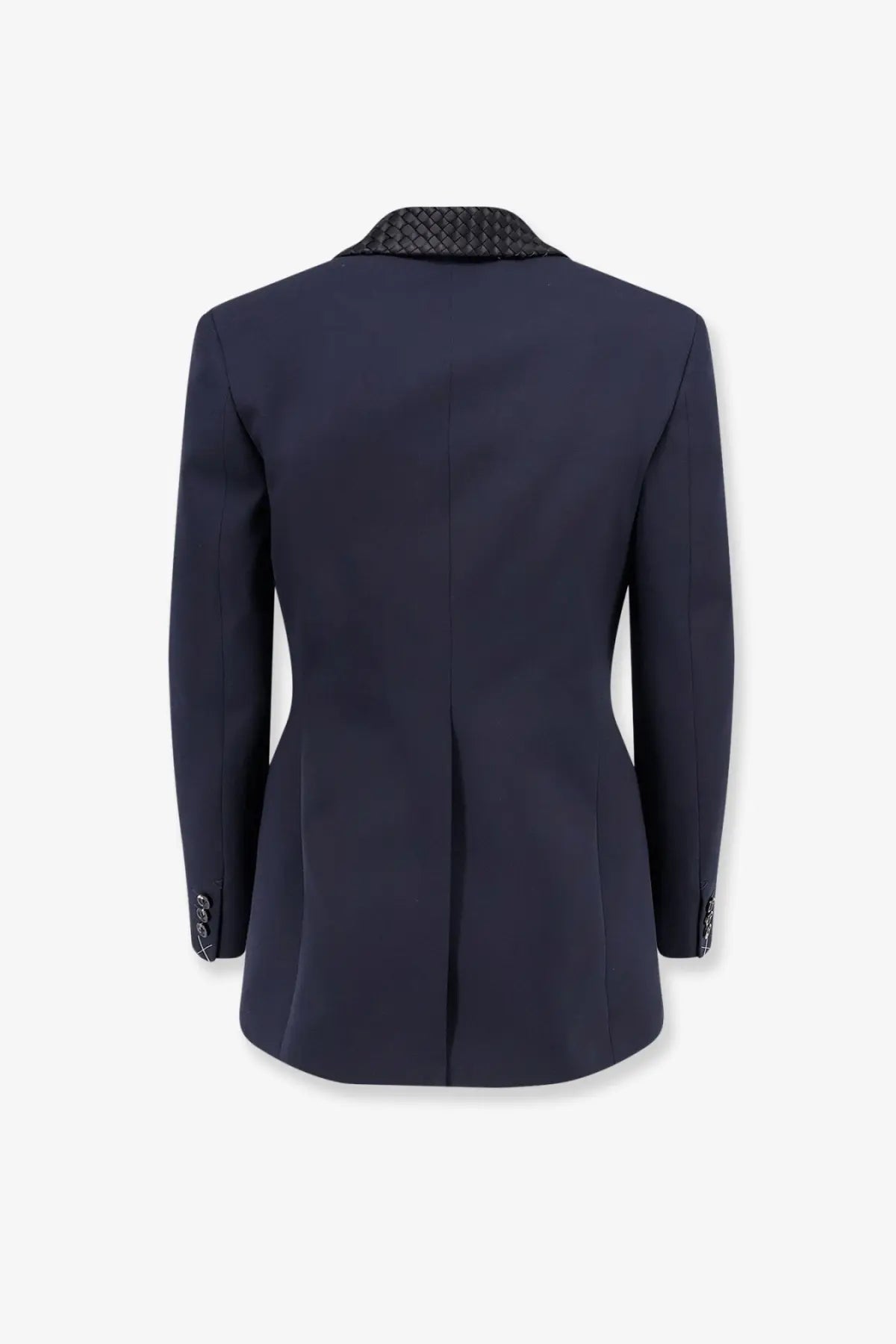 Navy blue wool blazer by bottega veneta with textured black woven collar and buttoned cuffs for women