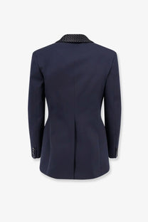 Navy blue wool blazer by bottega veneta with textured black woven collar and buttoned cuffs for women