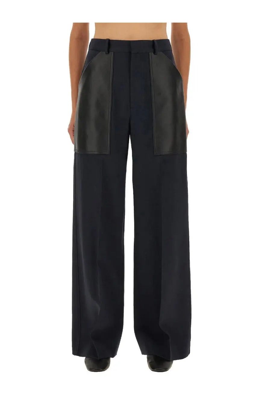Bottega Veneta womens black wide-leg wool and cotton trousers with matte black leather front pocket panels