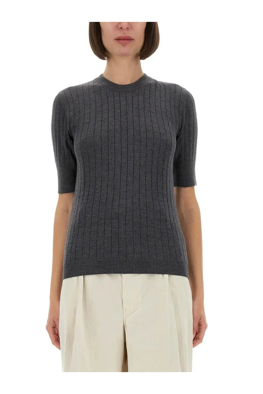 A dark gray ribbed knit short-sleeve wool jersey top with a round neckline by Bottega Veneta women’s collection