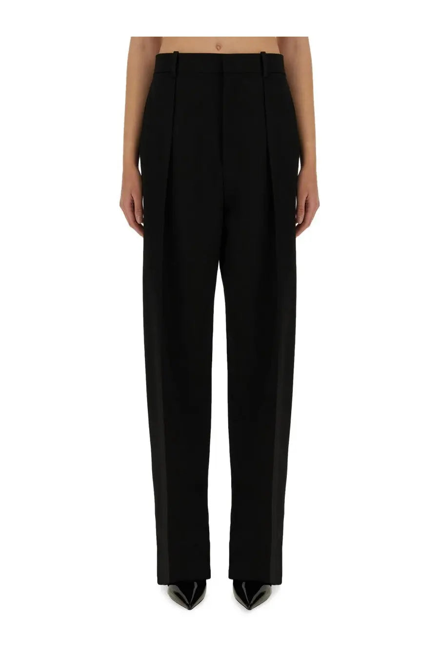 Bottega Veneta women’s black wool pants with high-waisted tailored straight-leg cut and pleated front