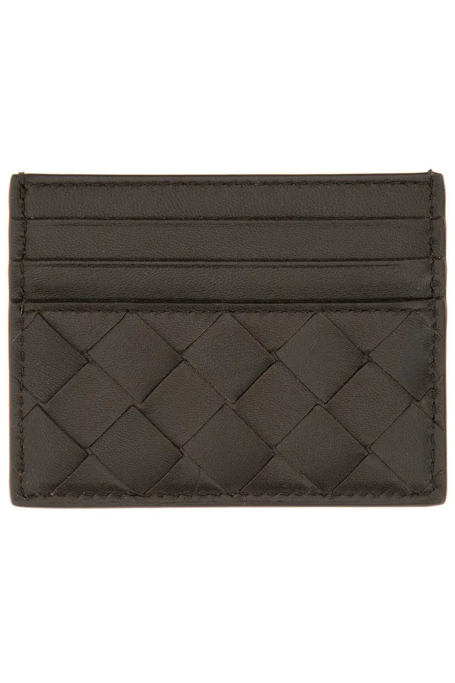 Dark brown leather card holder with woven diamond pattern and stitching by Bottega Veneta for women