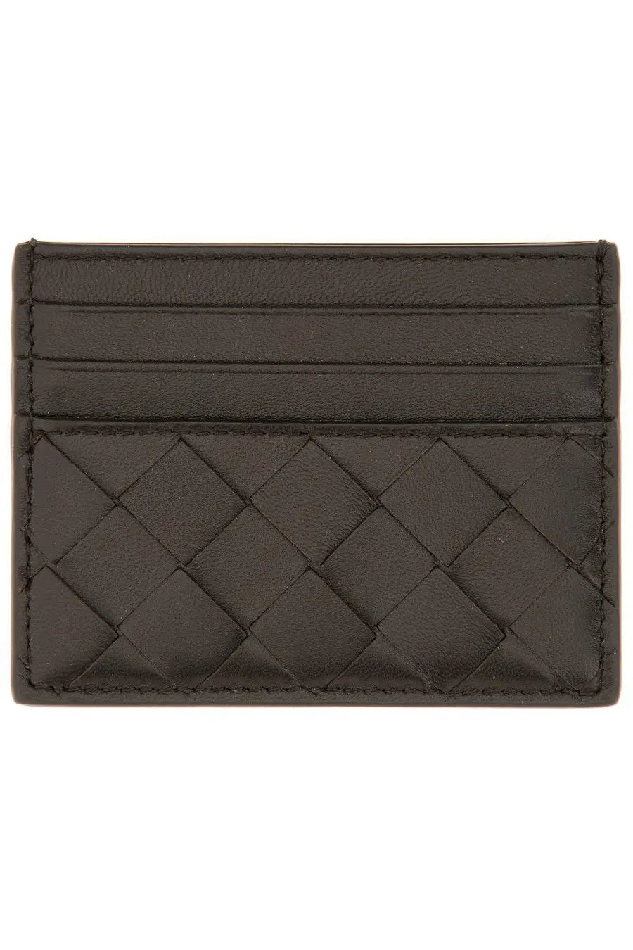 Dark brown leather card holder with woven pattern and precise stitching by Bottega Veneta for women