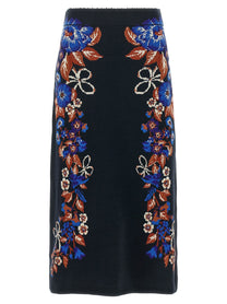 FARM Rio Bow Garden Knit Intarsia Skirt Gold