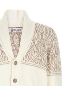 Brunello Cucinelli Braided Jacquard Shoulders Cardigan Beige