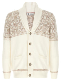 Brunello Cucinelli Braided Jacquard Shoulders Cardigan Beige