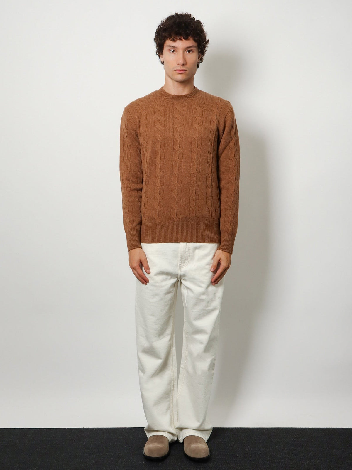 Ami Paris Men's Braided Knit Wool Sweater Beige, view 3