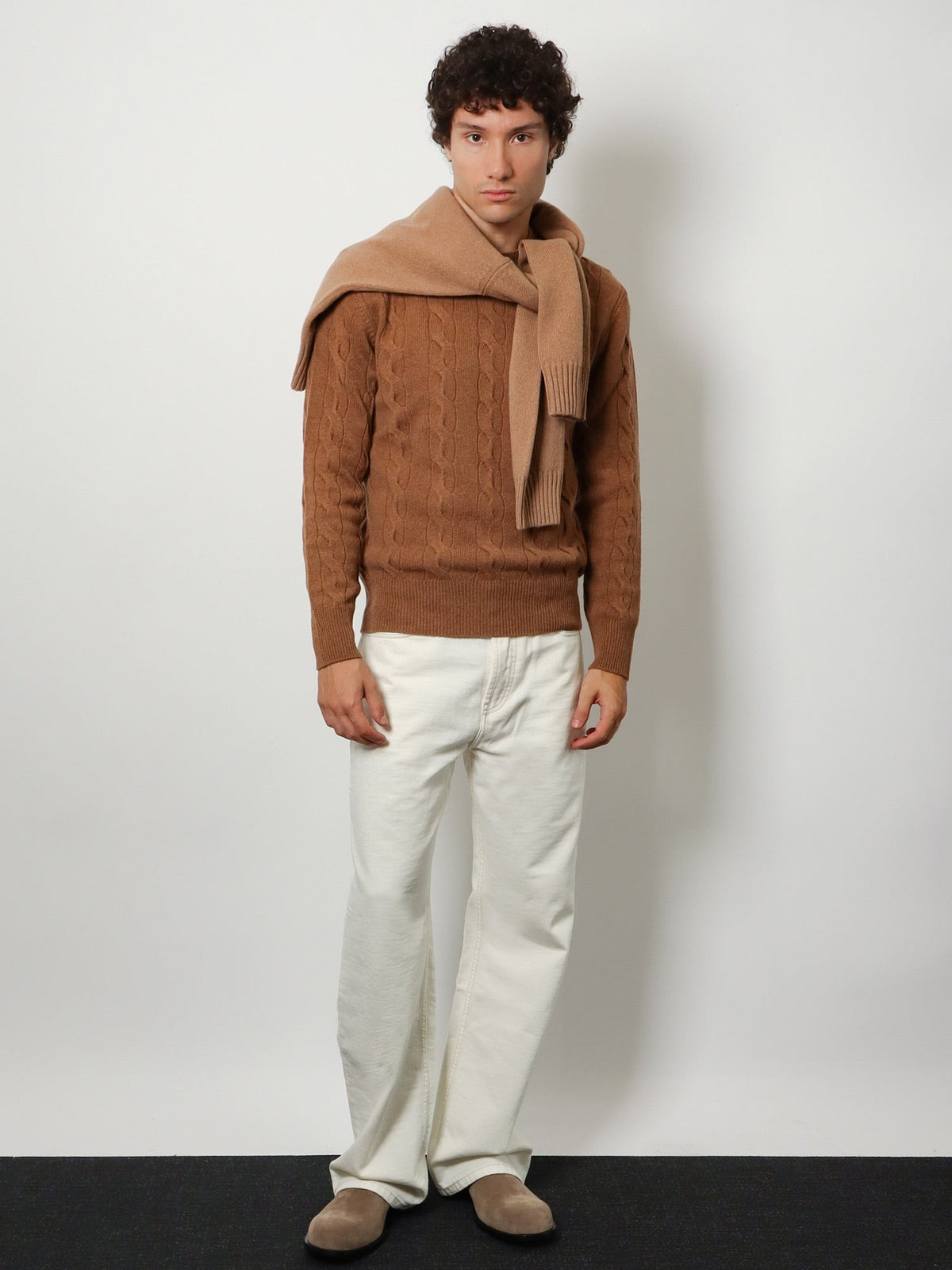 Ami Paris Men's Braided Knit Wool Sweater Beige, view 2