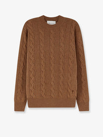 Ami Paris Men's Braided Knit Wool Sweater Beige