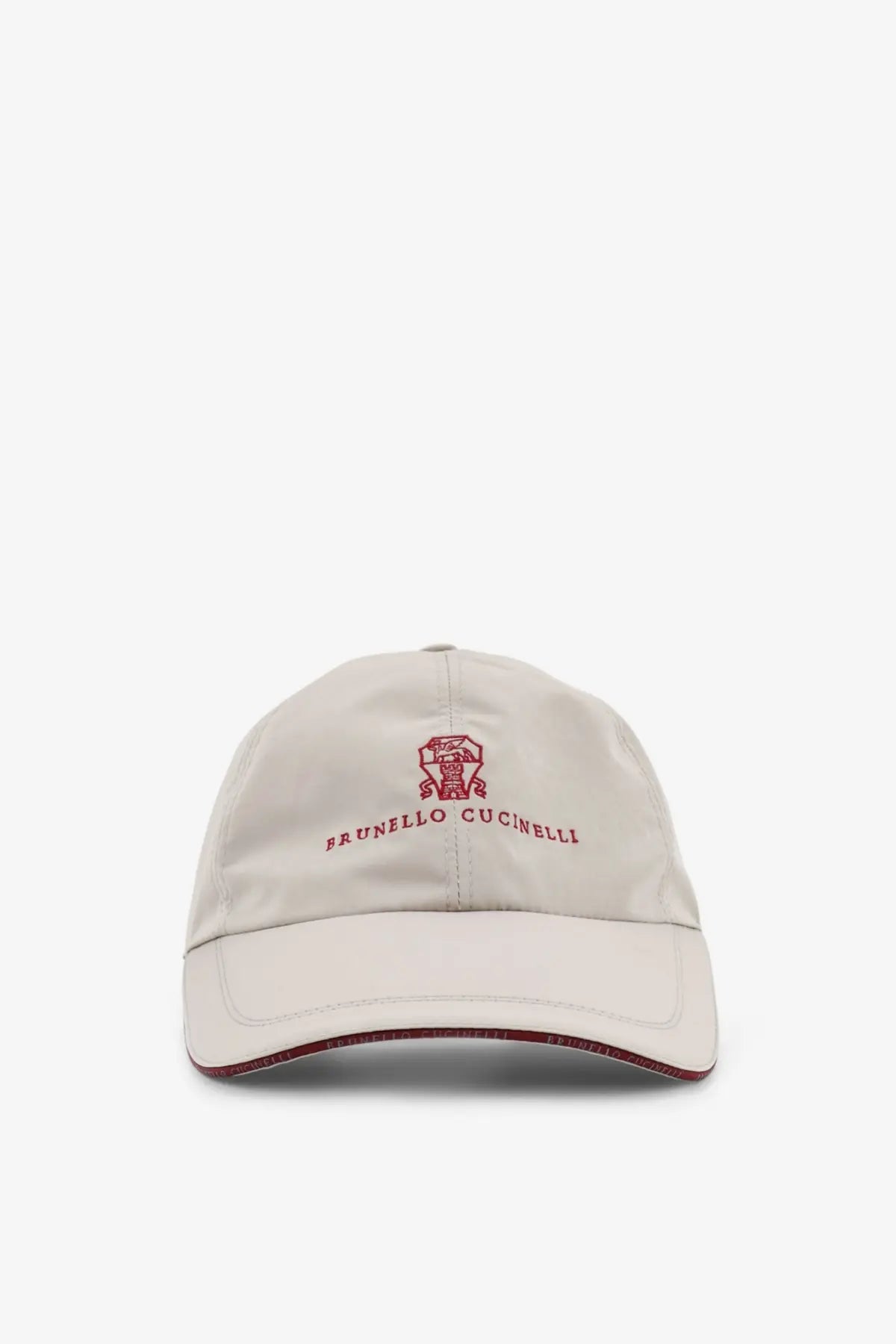 Beige brunello cucinelli men’s baseball hat brown with red embroidered logo and matching trim in soft fabric