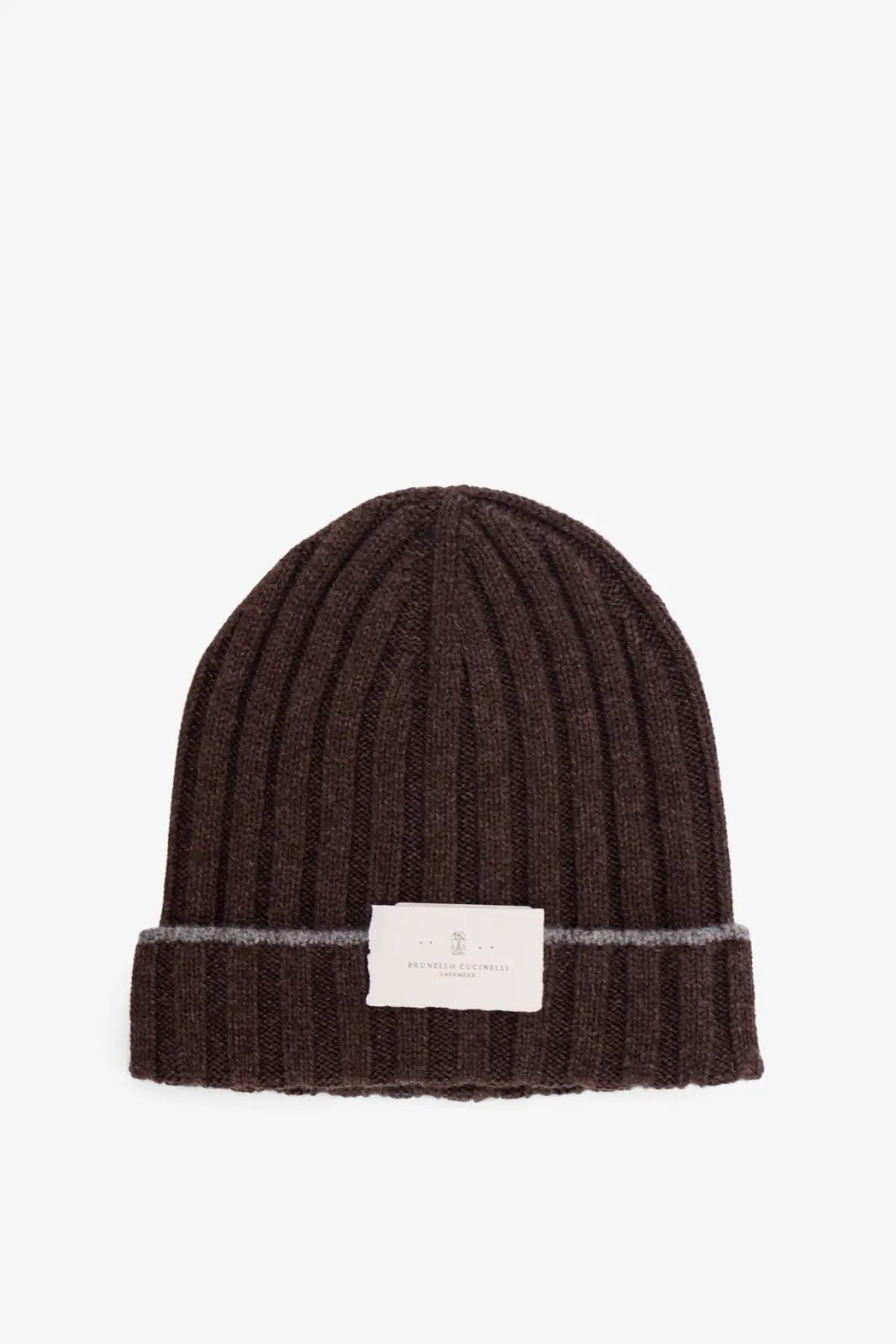 Brunello Cucinelli men’s cashmere beanie hat in dark brown ribbed knit with folded cuff and white front label