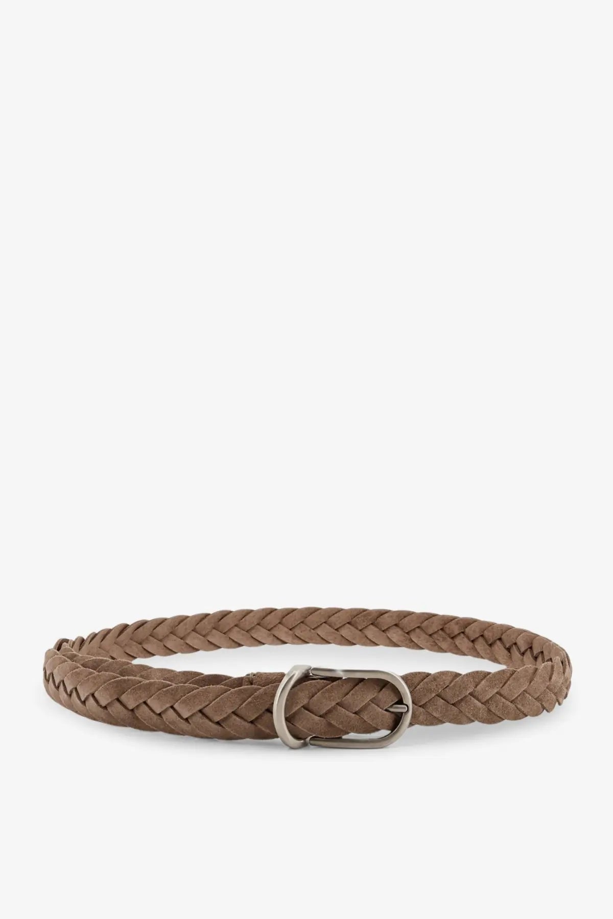 Brunello Cucinelli men’s brown braided leather belt with a silver-toned buckle and grey suede detailing