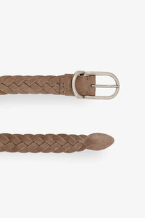 Brunello Cucinelli mens taupe braided suede belt with silver buckle