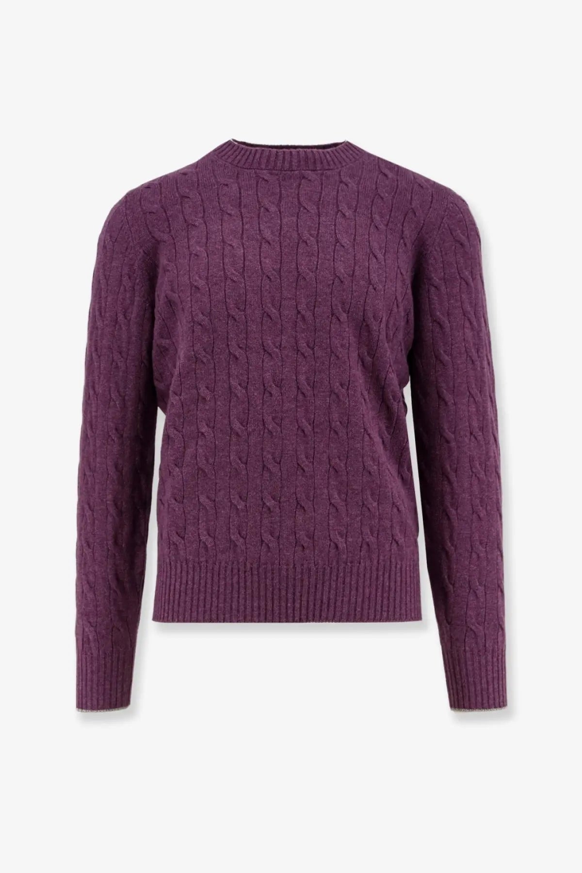 Brunello Cucinelli men’s beige cashmere sweater with purple cable knit pattern and ribbed cuffs and hem