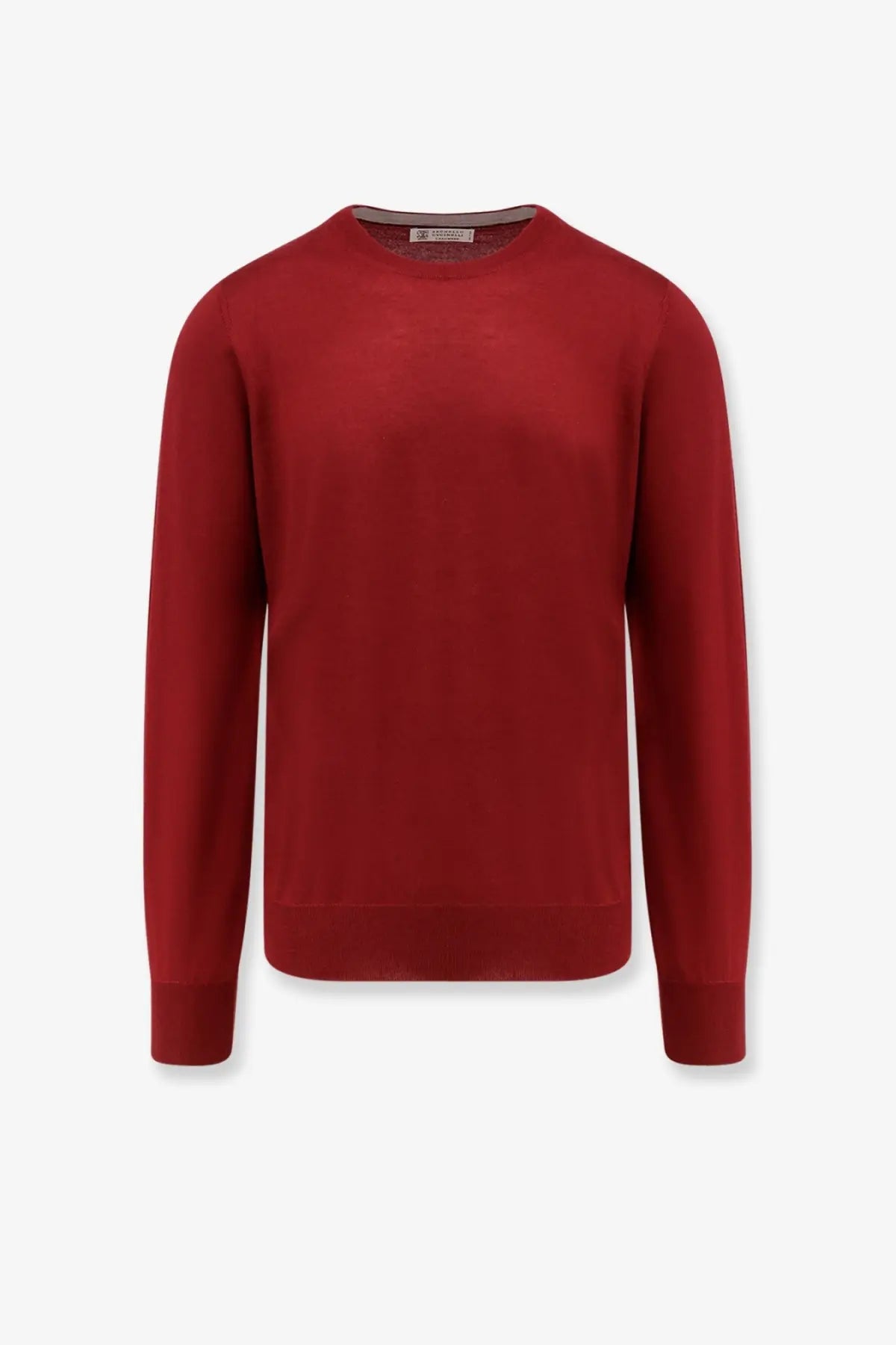 Brunello Cucinelli men’s crimson crewneck sweater in cashmere and silk with smooth knit and ribbed cuffs