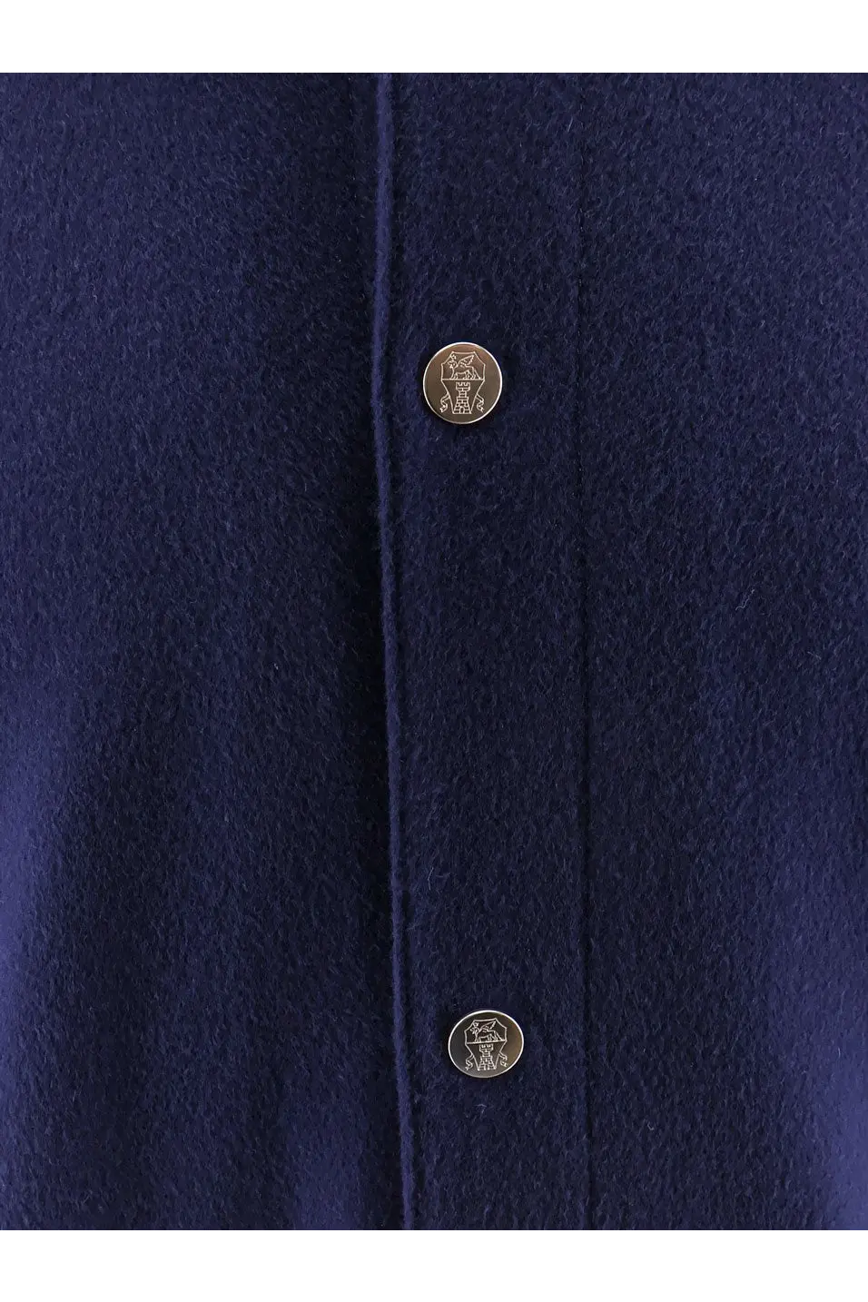 Brunello Cucinelli men’s dark blue cashmere wool coat with gold toned buttons and subtle embossed logo