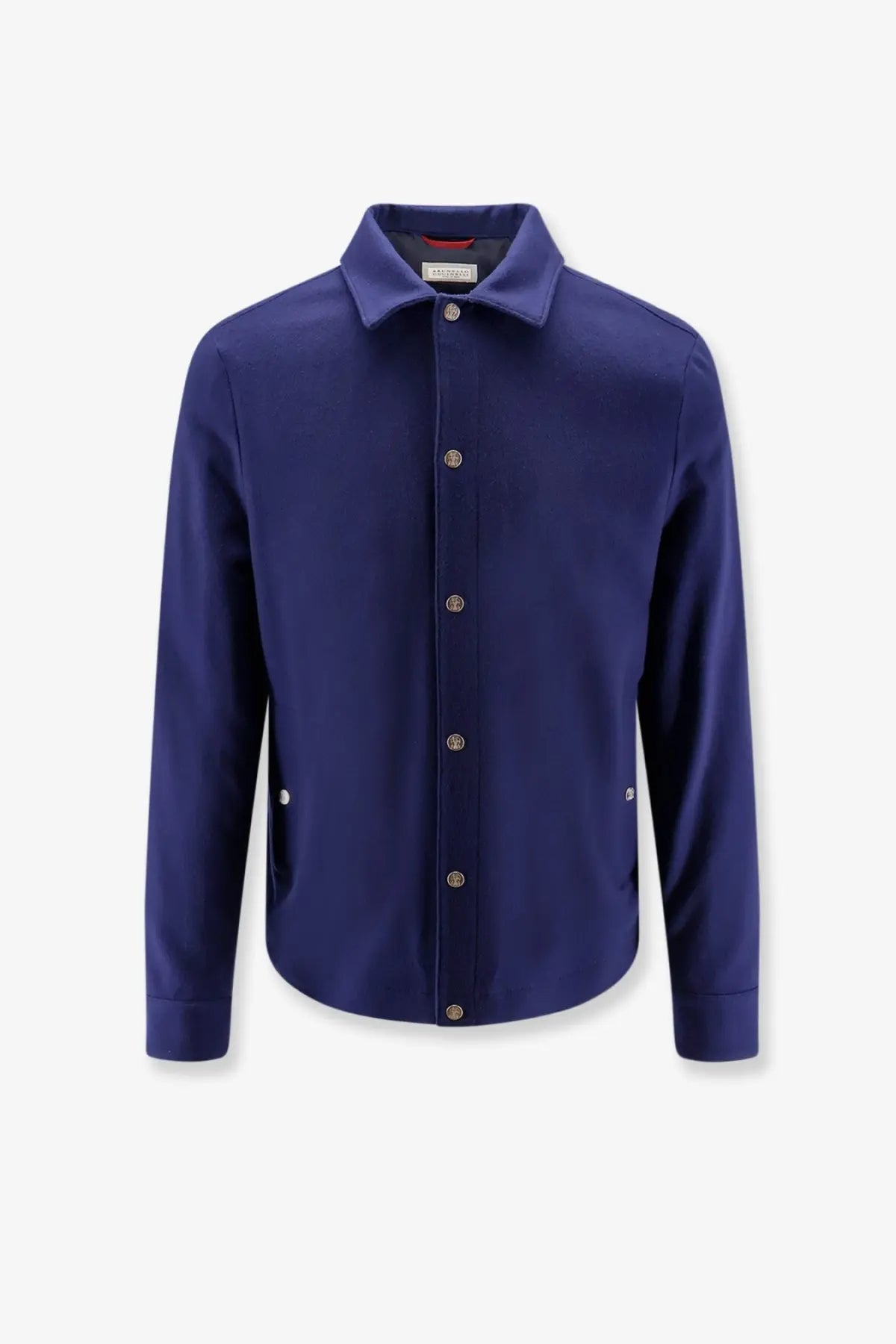 Brunello Cucinelli men’s navy blue cashmere button-up shirt with classic collar and subtle side pockets