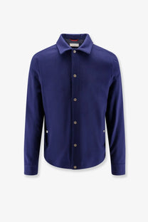 Brunello Cucinelli men’s navy blue cashmere button-up shirt with classic collar and subtle side pockets