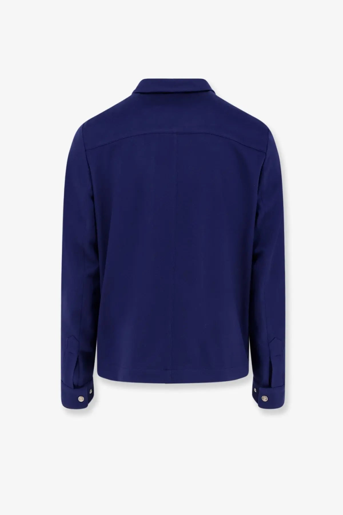 Brunello Cucinelli men’s navy blue cashmere long-sleeved button-up shirt with collar and cuffs