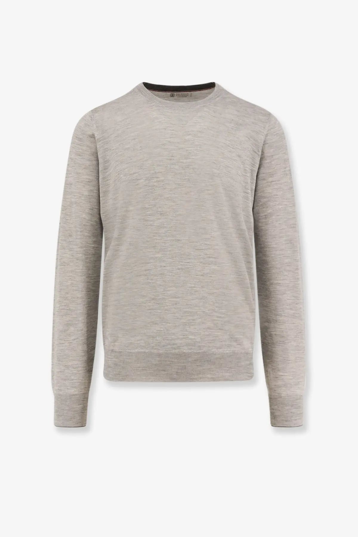Brunello cucinelli men’s light gray cashmere and silk crewneck sweater with subtle heathered pattern and ribbed cuffs