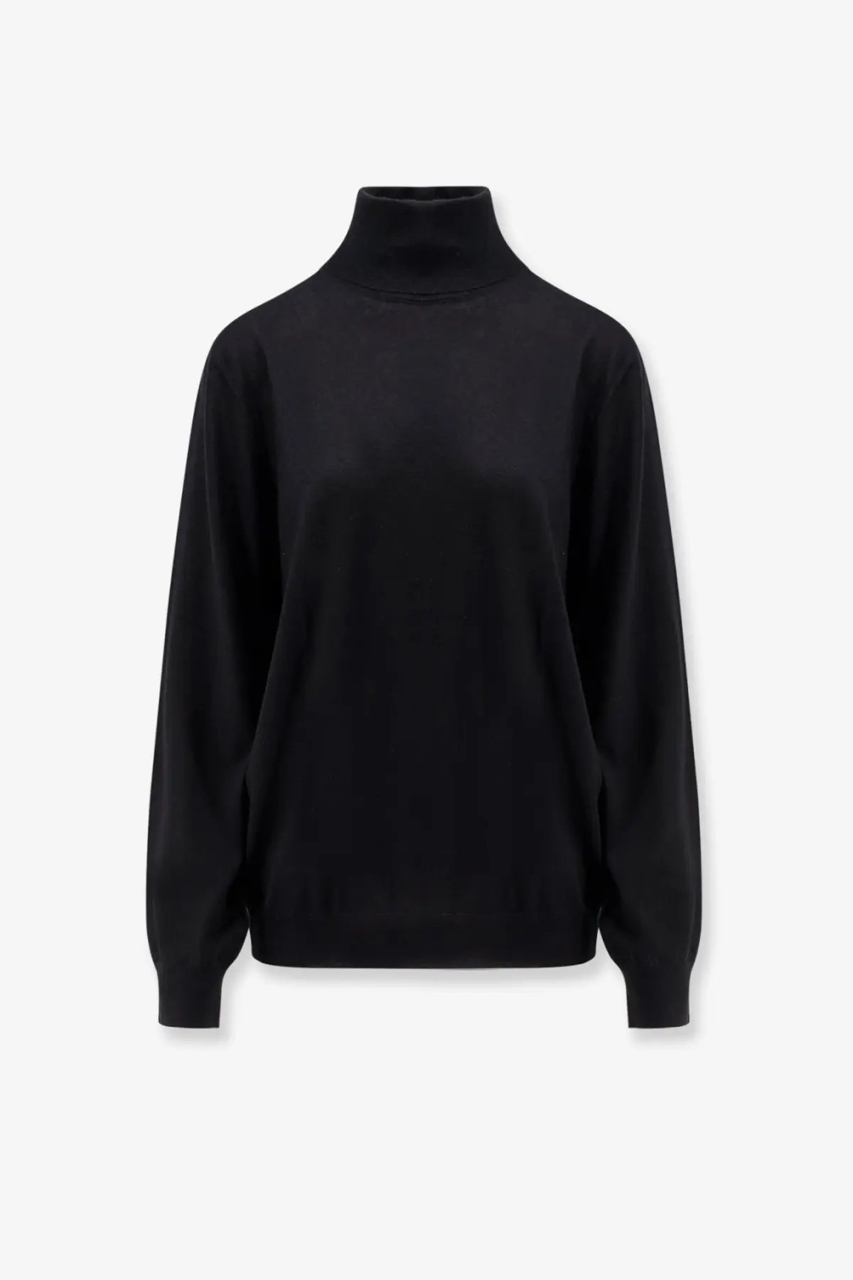 Brunello Cucinelli men’s black cashmere and silk turtleneck sweater with smooth fabric and relaxed fit
