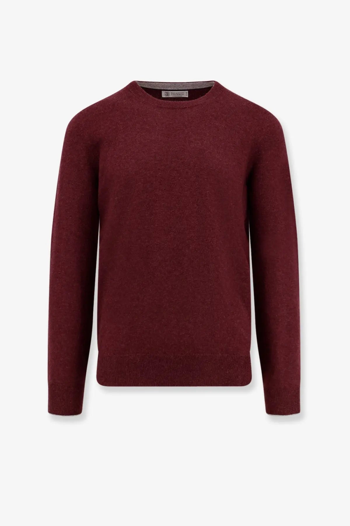 Brunello Cucinelli men’s cashmere crewneck sweater in maroon with fine knit texture and ribbed cuffs