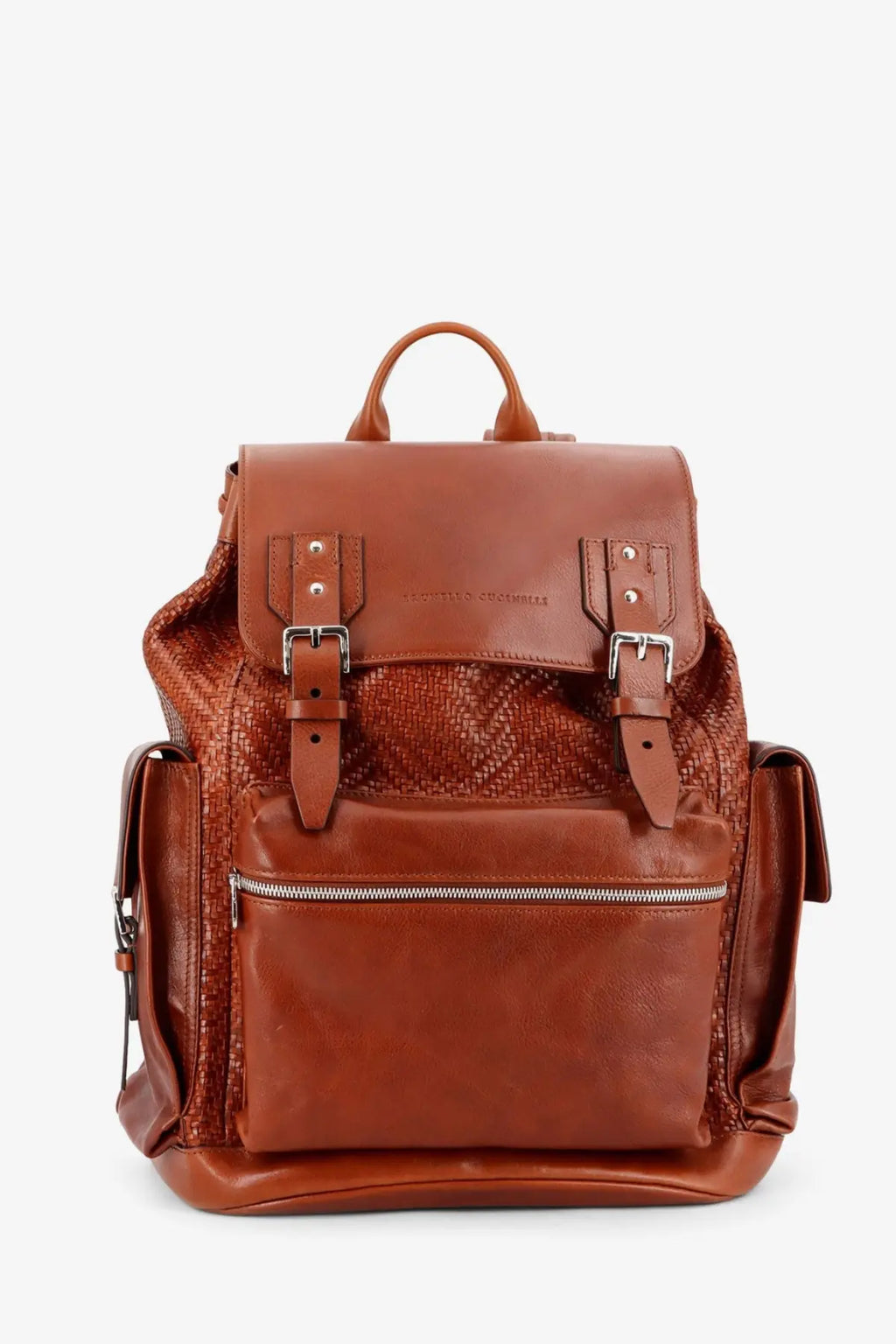 Brunello Cucinelli men’s city leather backpack in brown with woven texture and silver toned hardware