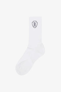 Brunello Cucinelli men’s white cotton blend crew sock with black embroidered shield logo on the ankle