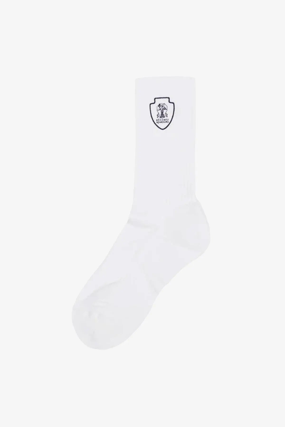 White Brunello Cucinelli men’s cotton blend crew sock with black embroidered shield logo on the ankle