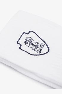 White cotton handkerchief with black embroidered shield logo featuring illustration and text for brunello cucinelli socks