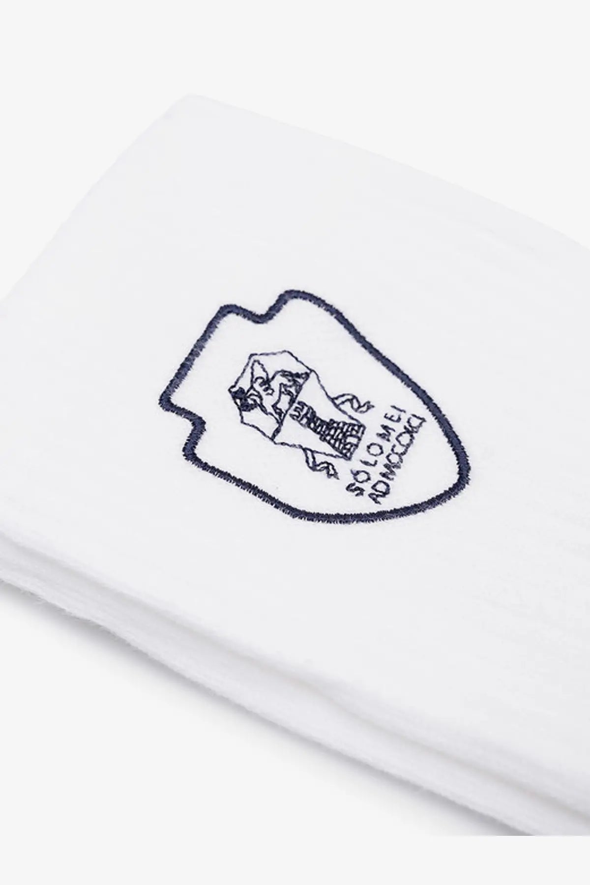 White cotton handkerchief with black embroidered shield logo paired with brunello cucinelli men’s cotton blend socks white