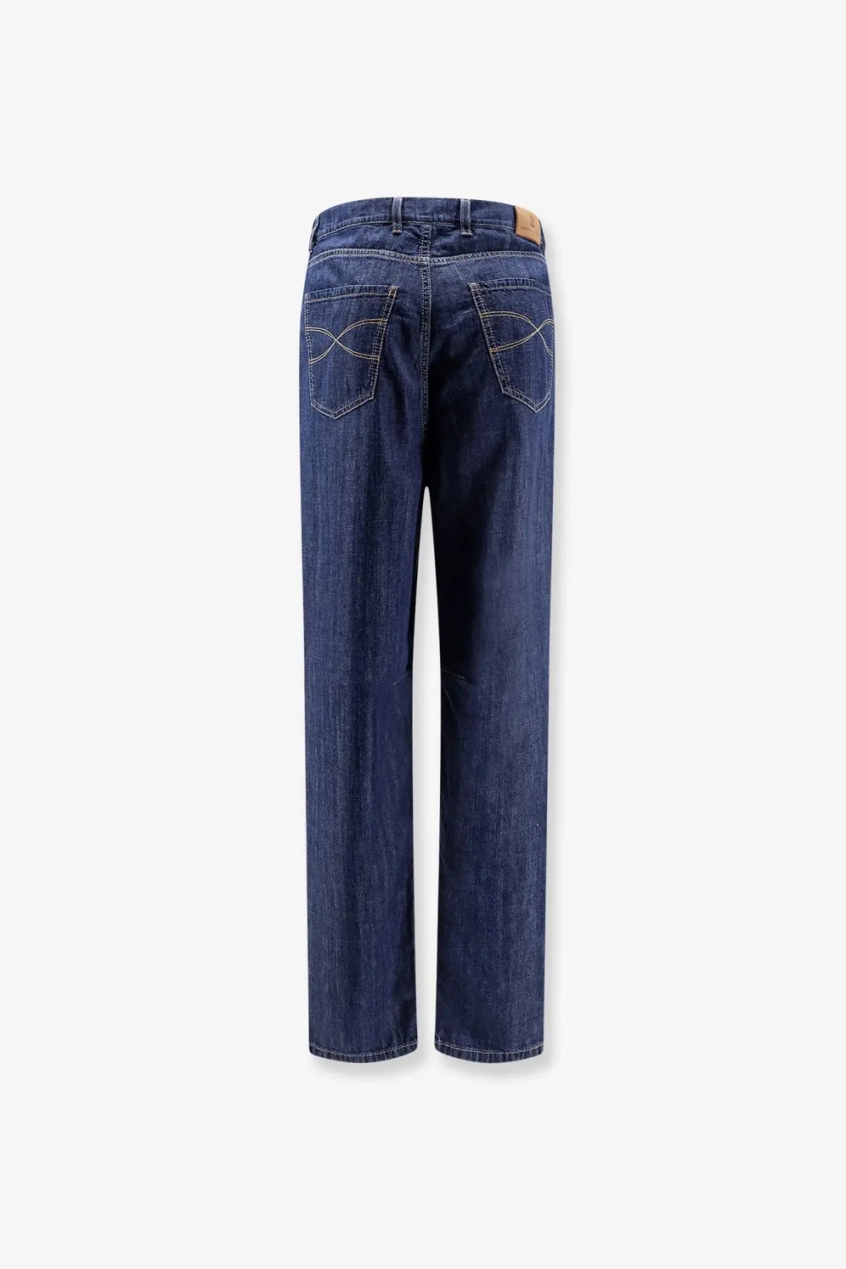 Brunello Cucinelli men’s dark blue cotton denim jeans with classic straight-leg cut and back pocket stitching details